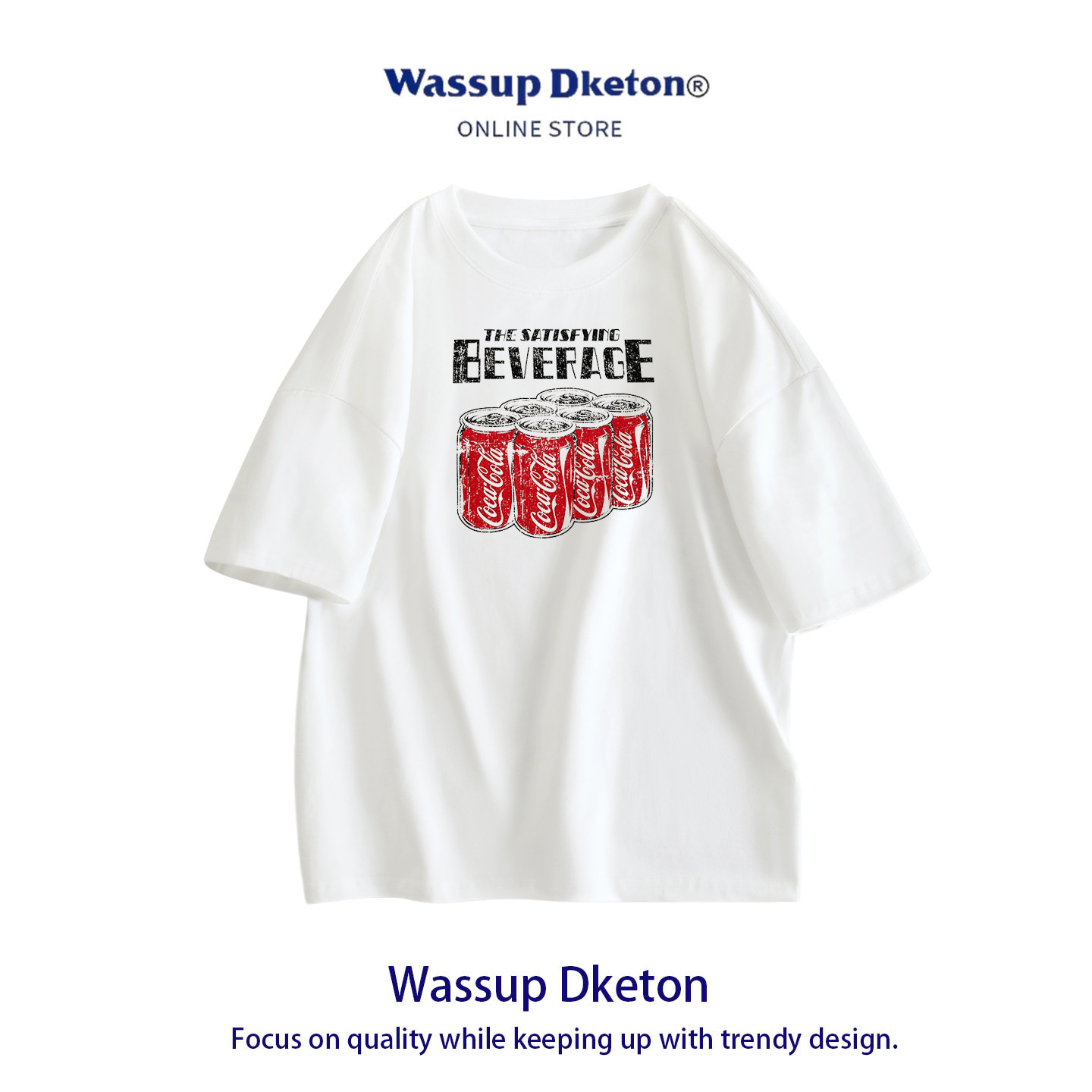 WASSUP DKETON夏季短袖可乐印花T恤潮男学生青年宽松纯棉圆领上衣