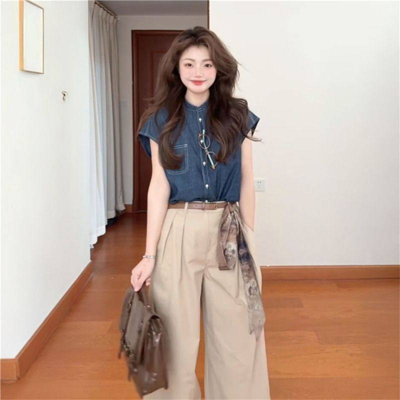 韩版简约通勤风蓝色复古马甲衬衫+高腰显瘦阔腿裤子两件套女学生,女装/女士精品,衬衫,淘宝优惠券,粉丝福利购,淘宝优惠卷