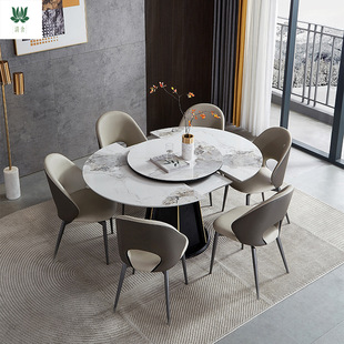 意式岩板餐桌折叠圆桌家用多功能可伸缩扩大变椭圆形带转盘吃饭桌