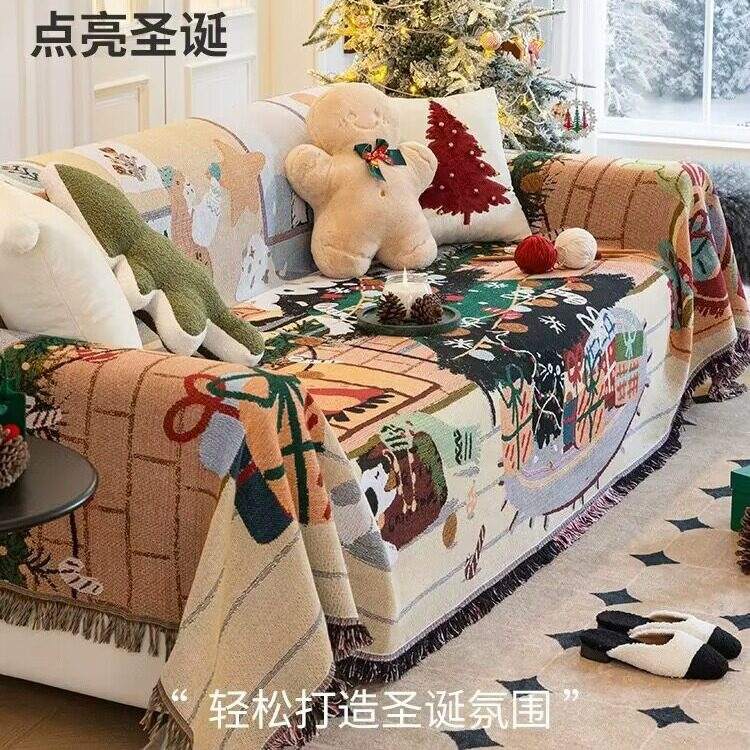 工厂双层毯子圣诞款提花沙发毯防猫抓沙发巾纯棉盖毯艺术挂毯现货