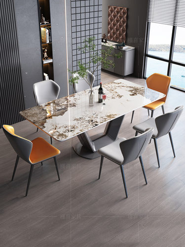 意式亮光岩板餐桌椅组合轻奢现代简约家用小户型长方形餐厅饭桌子