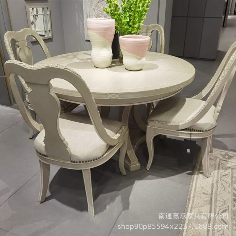 美式art餐桌夏图餐厅家具组合法式轻奢雕花拉伸调节实木圆形饭桌