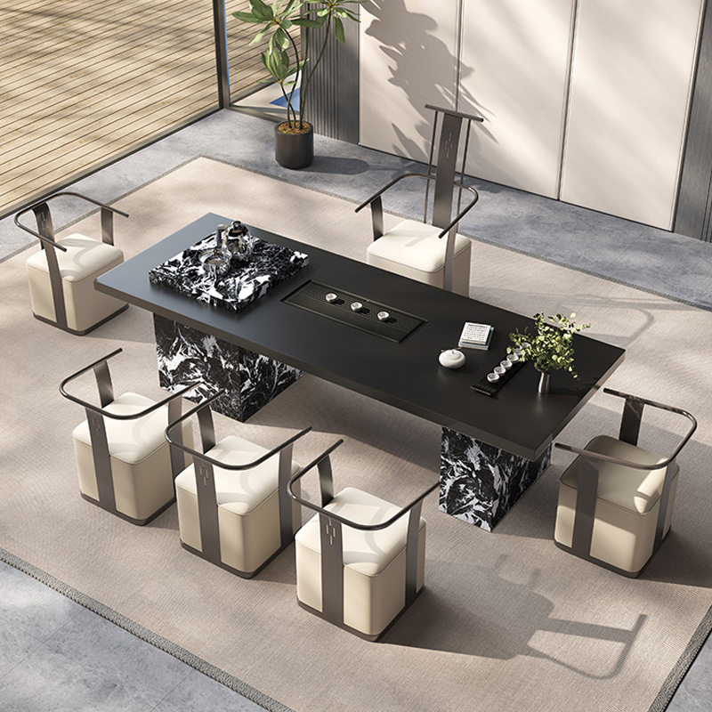 岩板茶桌椅组合轻奢现代高级感黑色新款高端烧水壶一体嵌入式茶台