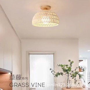 过道吸顶灯走廊玄关门厅阳台灯试衣间日式田园创意藤编原木卧室灯