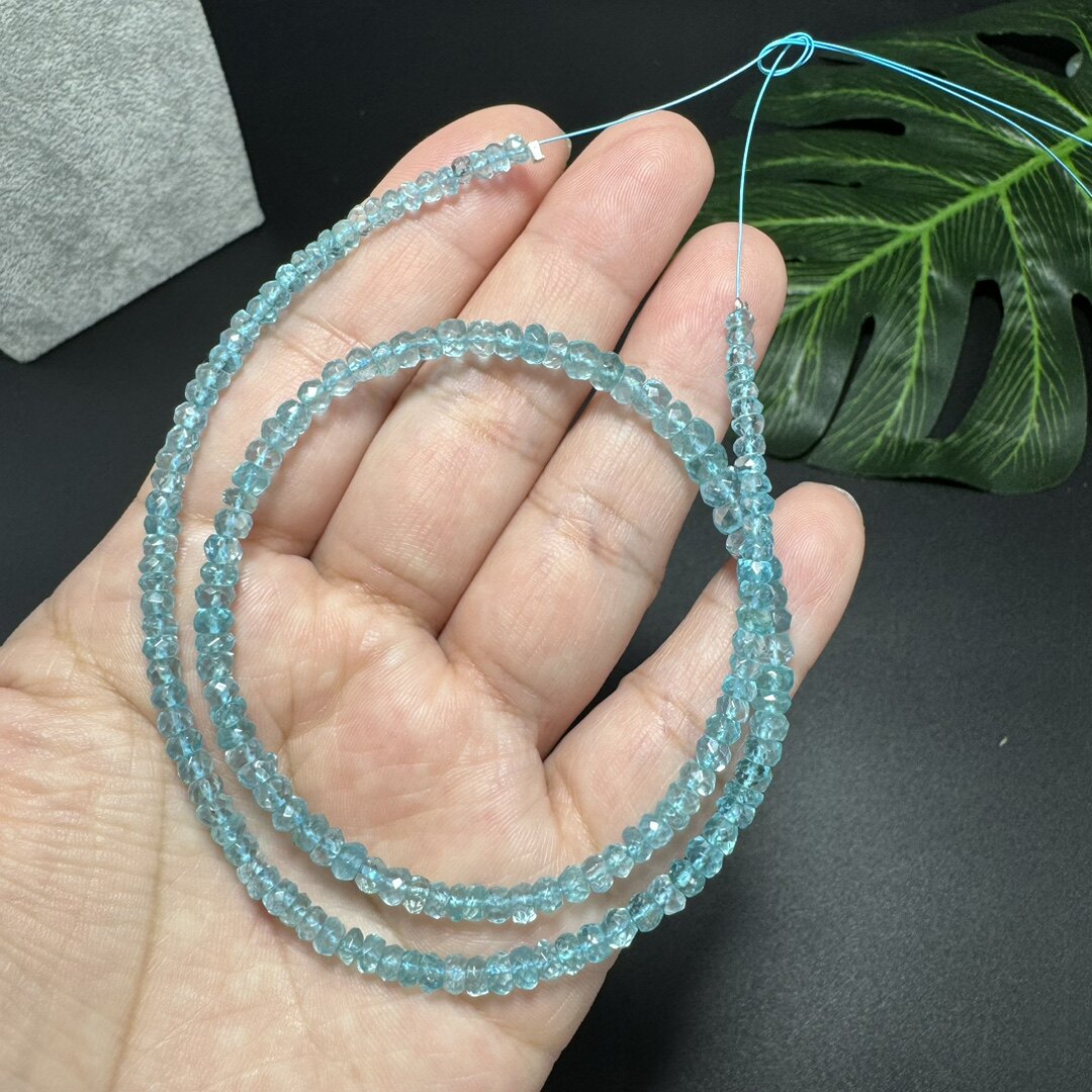 纯天然高级蓝磷灰3-5毫米塔链切面算盘珠40厘米长半成品透闪