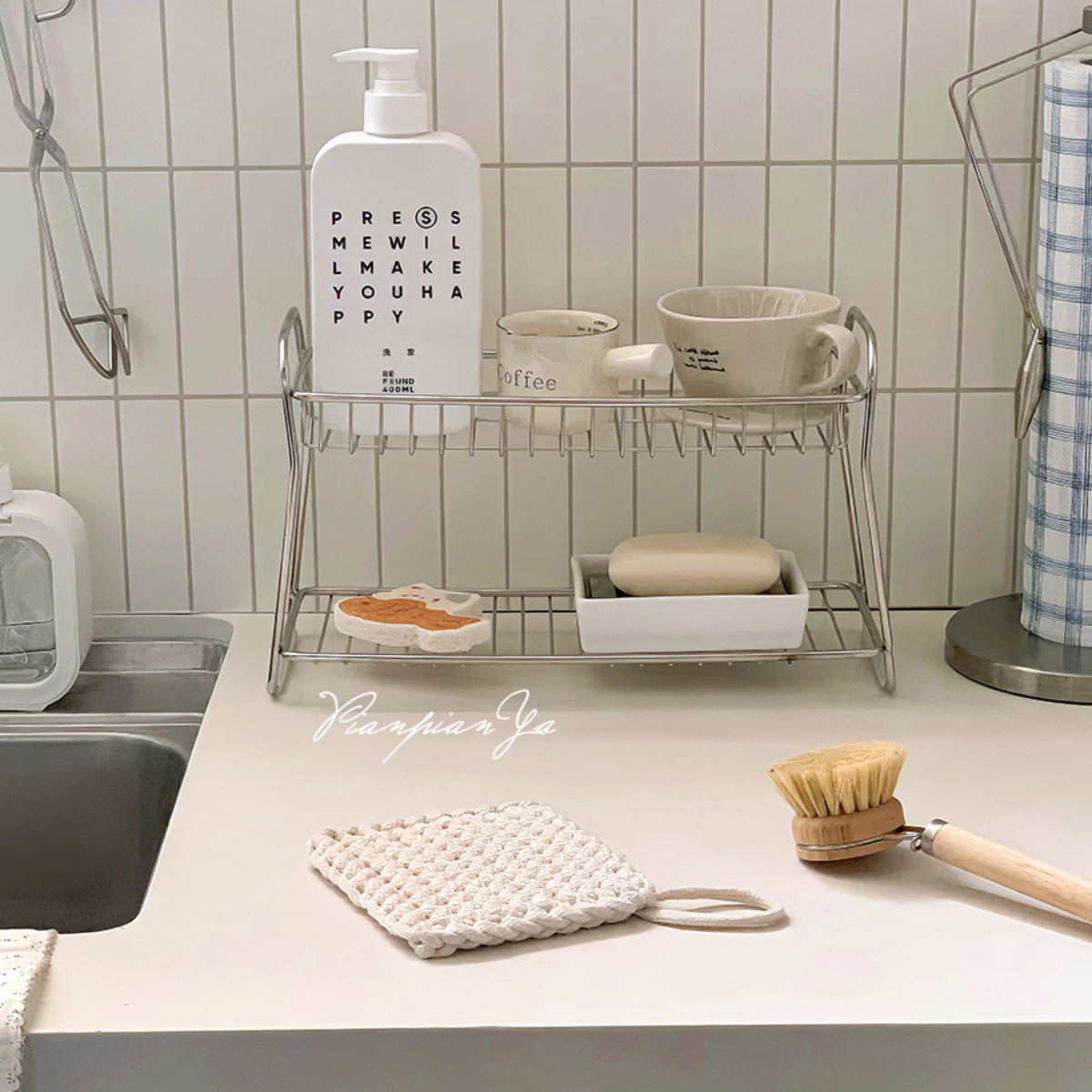 多功能双层置物架厨房不锈钢杯子调料收纳架多层台面整理收纳架