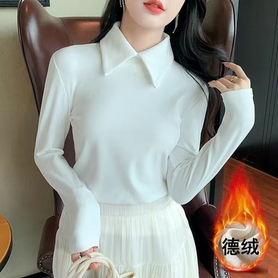 白色打底衫女POLO领双面德绒内搭加厚加绒长袖修身保暖衣秋冬新款