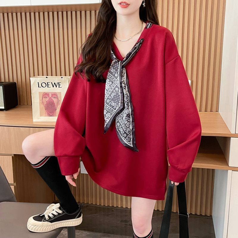 欧美风设计感丝巾领套头长袖卫衣女胖MM大码女装宽松时尚遮臀上衣