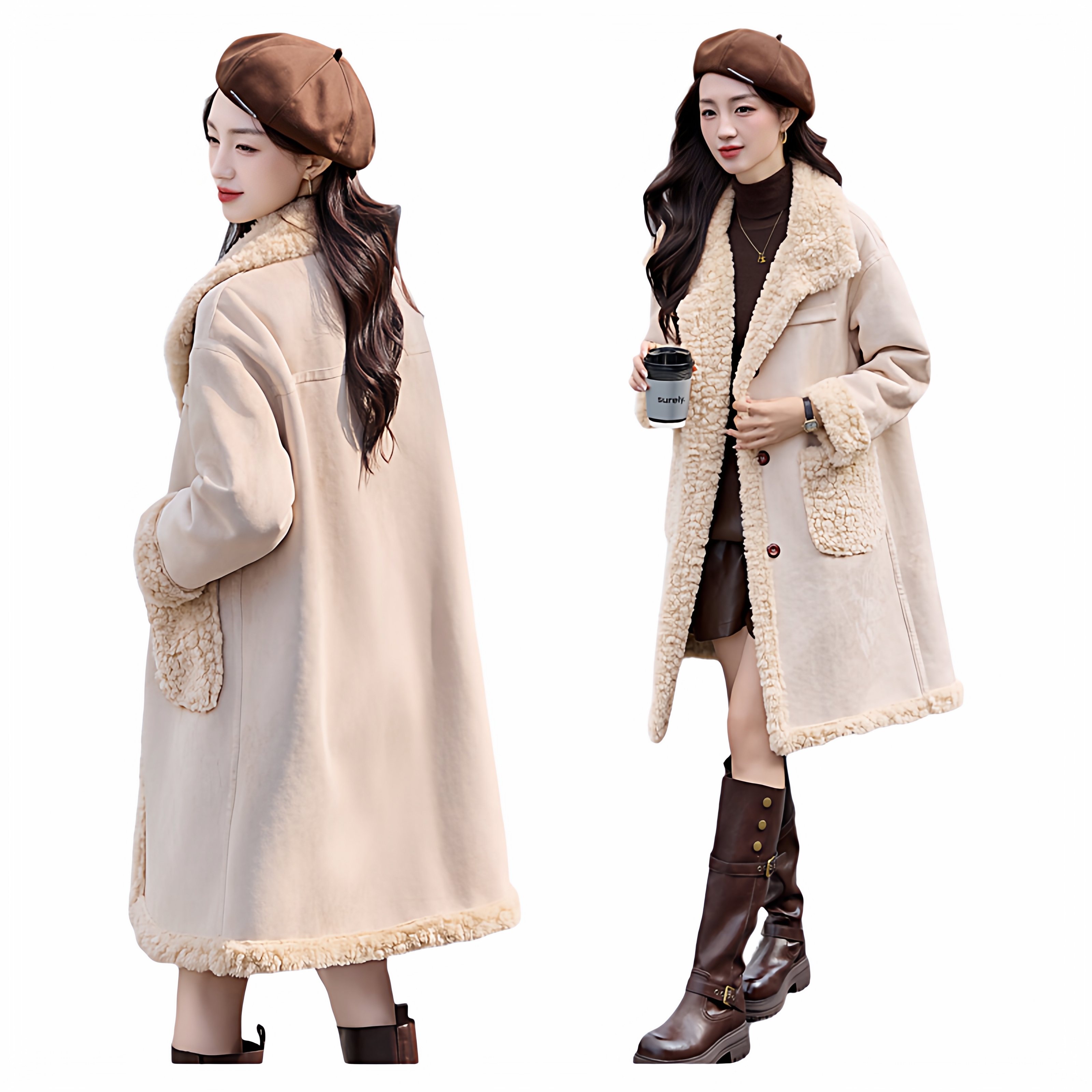 美拉德麂皮绒皮毛一体外套女高级感复古洋气过膝长款温暖大衣