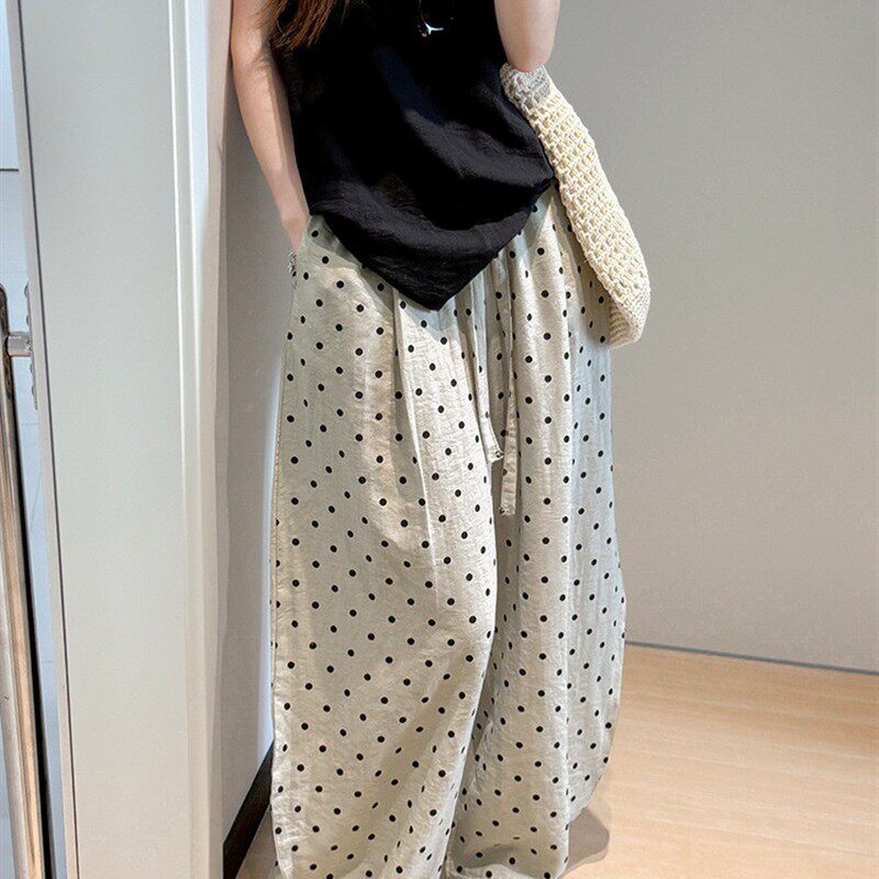 韩系波点亚麻裤子女夏季薄款高腰垂感宽松bf慵懒风白色冰丝阔腿裤