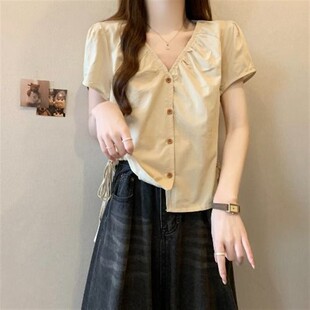 v领抽绳褶皱正肩短袖 胖mm收腰遮肚子短款 衬衫 新款 上衣 女夏季 大码