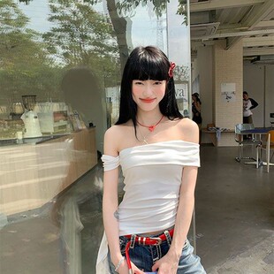 黑色纯欲辣妹飘带一字肩抹胸T恤女夏季 性感气质chic收腰露肩上衣