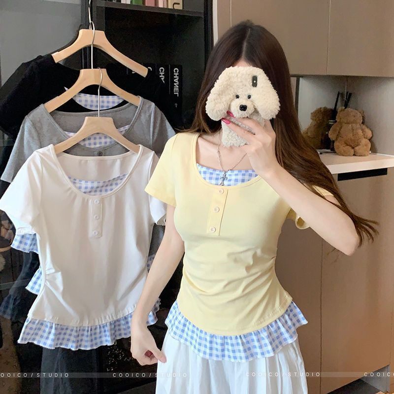 大码拼接格子假两件正肩短袖t恤女夏季新款胖mm宽松显瘦遮肉上衣