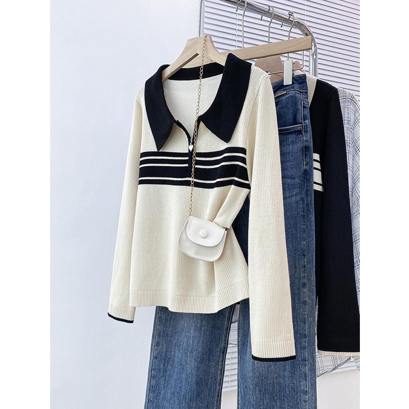 春秋季韩版修身气质拉链polo撞色条纹设计感针织衫长袖打底毛衣女