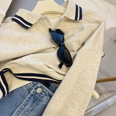 白花灰美式复古Polo领卫衣女宽松百搭短款显瘦毛圈翻领套头上衣秋