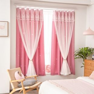 伸缩杆窗帘免打孔安装女孩卧室双层带纱蕾丝小窗户遮光2024新王金
