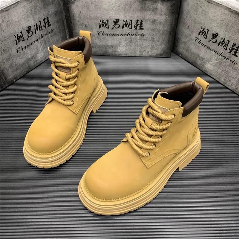 马丁靴男款英伦风真皮高帮冬季加绒厚底增高户外休闲工装靴大黄靴