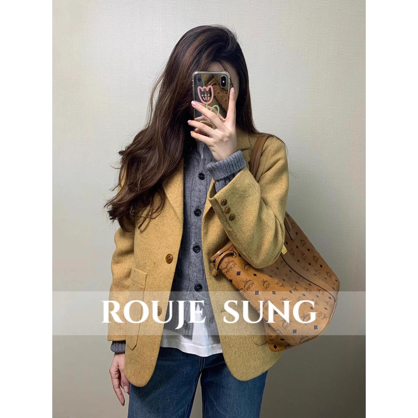 ROUJE SUNG~韩系呢子西装女春秋季新款毛呢赫本风高级感西服外套