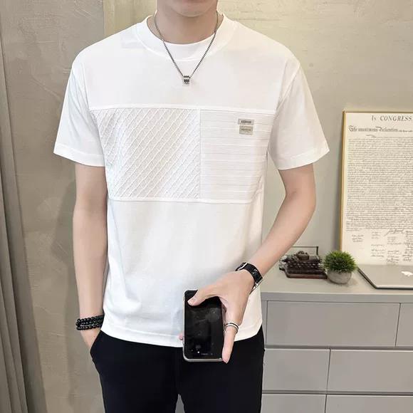 冰丝白色短袖T恤男2025夏季新款拼接条纹圆领棉潮牌修身凉感男装