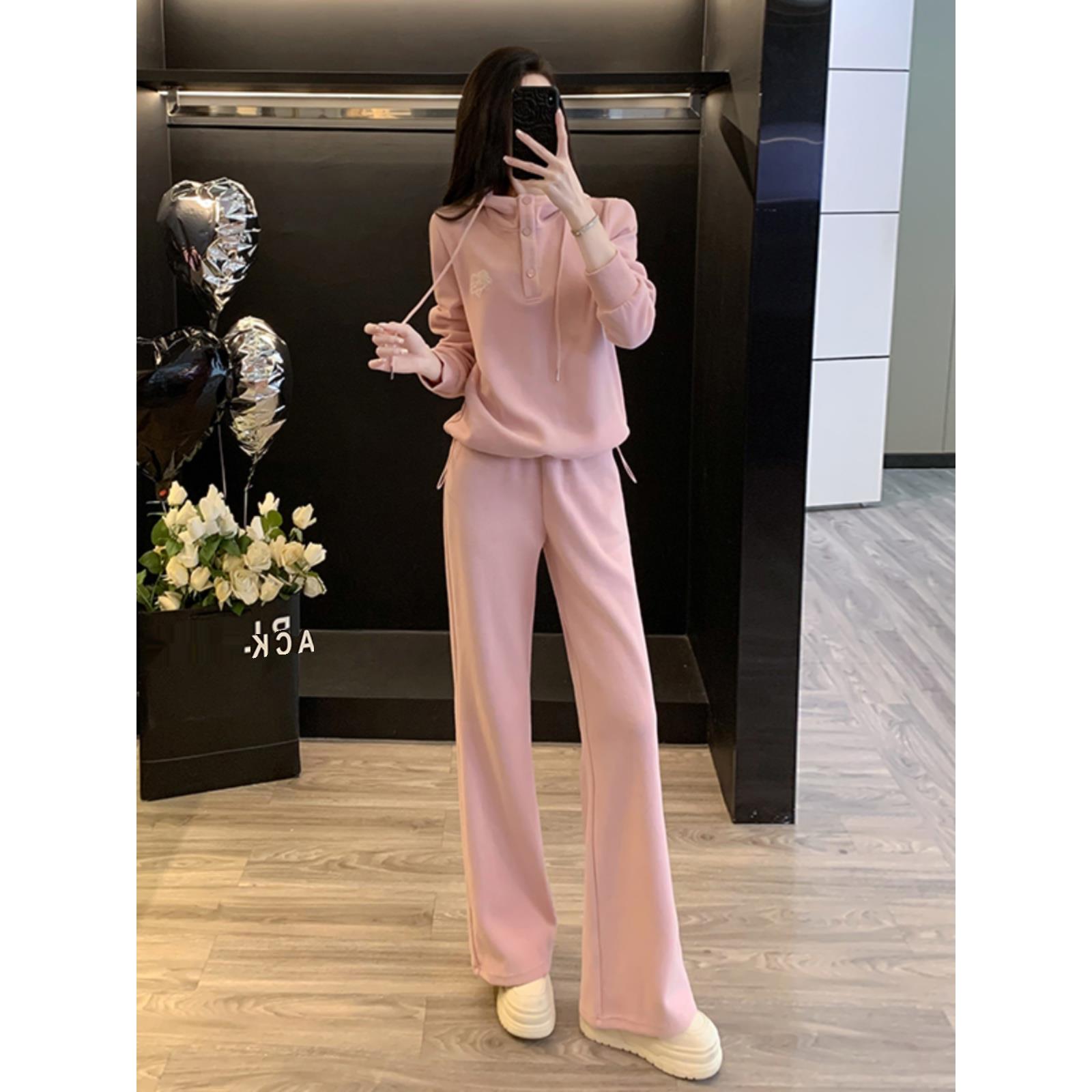 欧洲女性休闲运动套装2025新款春秋季纯西式连帽运动衫阔腿裤两件