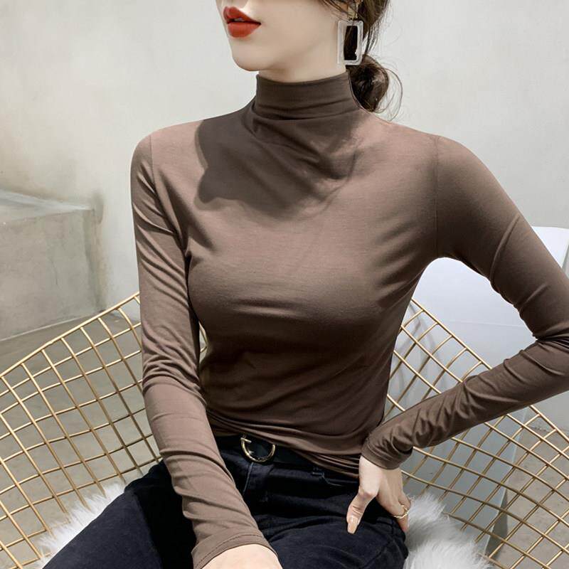 韩国高级感长袖t恤女2025春秋新款修身显瘦百搭半高领打底衫上衣