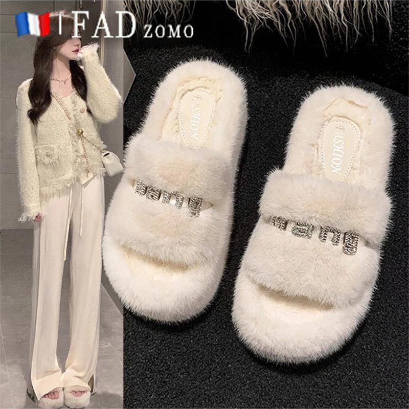 法国Fad Zomo厚底毛毛拖女秋冬新款外穿高级感水钻保暖防滑棉拖鞋
