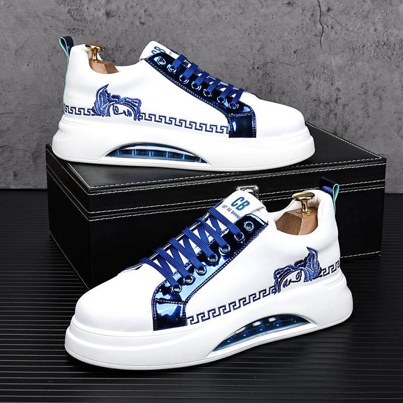 欧洲站内增高小白鞋男潮流真皮刺绣休闲 板鞋韩版潮牌厚底气垫男