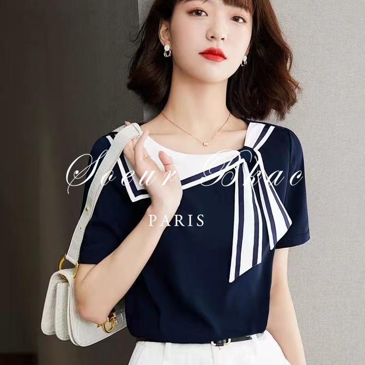 法国SOEUR BKAC法式海军领雪纺t恤女减龄设计感漂亮洋气飘带短袖