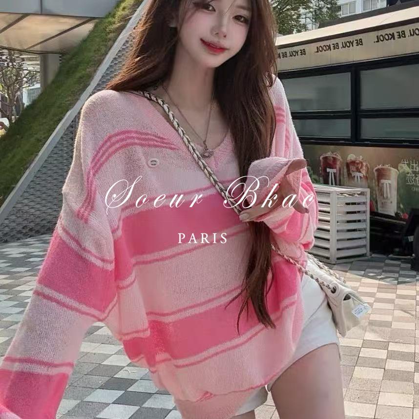 法国SOEUR BKAC粉色V领条纹冰丝针织长袖罩衫女秋季薄款宽松上衣