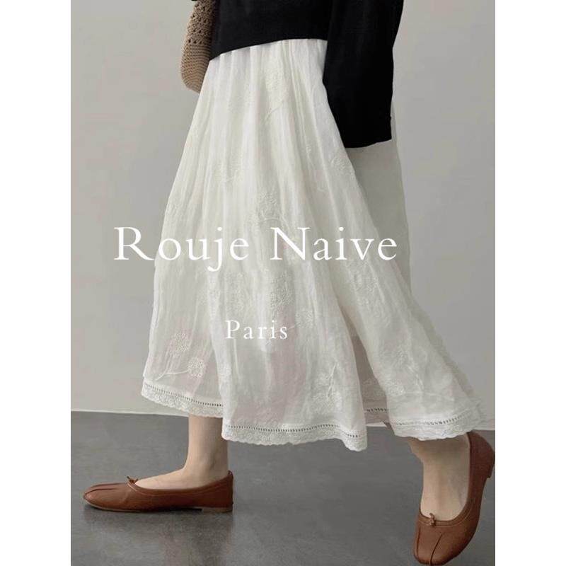 Rouje Naive白色蕾丝花边半身裙女春秋垂感高腰a字裙刺绣法式伞裙
