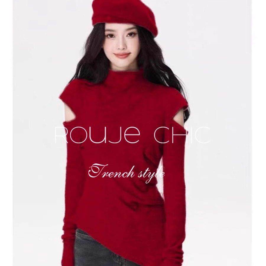 法国rouje chic法式红色半高领加厚露肩针织衫毛衣女秋冬高级上衣,女装/女士精品,大码内搭,淘宝优惠券,粉丝福利购,淘宝优惠卷