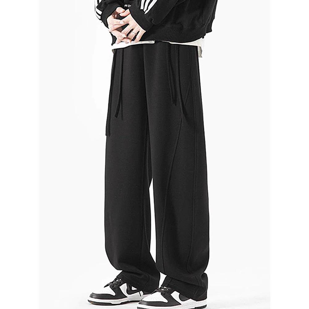 香港潮牌运动卫裤男秋季阔腿裤美式弯刀直筒裤男士纯色宽松休闲裤