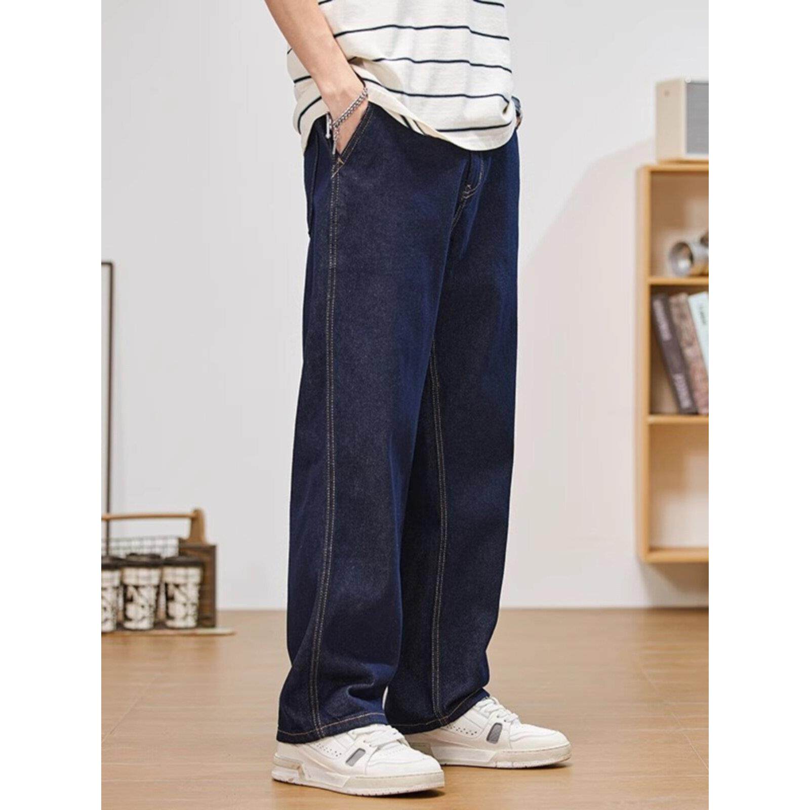 it Afternnaths潮牌！深蓝色阔腿牛仔裤男宽松直筒大码秋冬季加绒