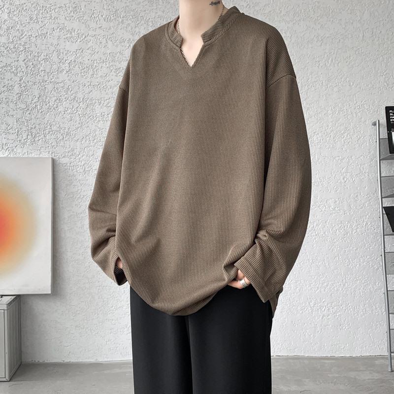 针织V领长袖t恤男士春秋季加肥加大码打底衫设计感麦穗条纹卫衣服