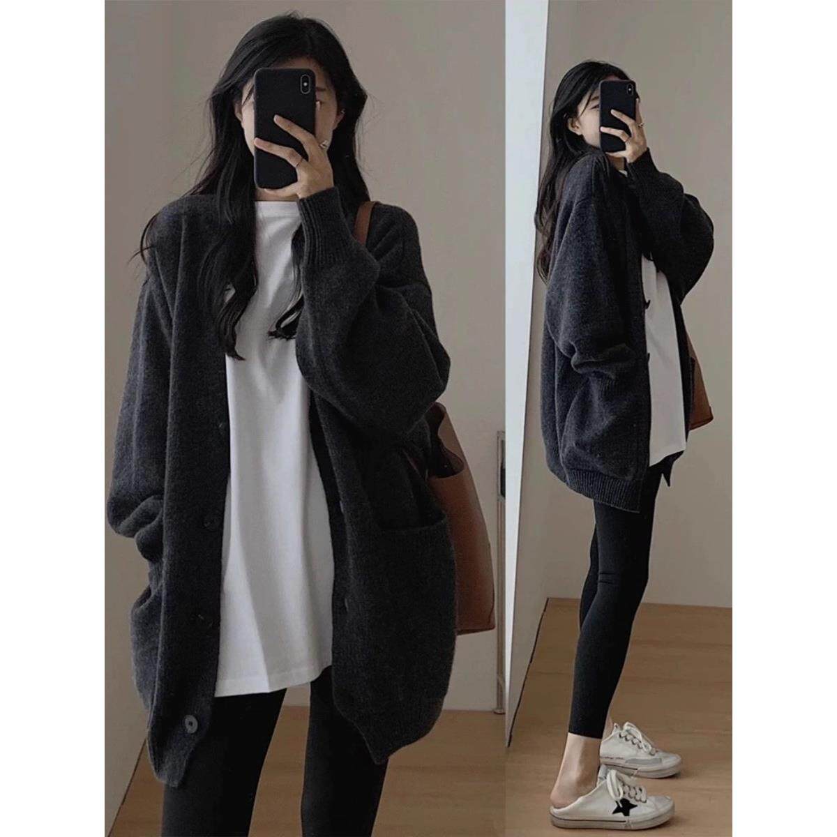 欧洲站2025春秋季新款女式宽松中长慵懒风格软蜡针织开衫女式夹克