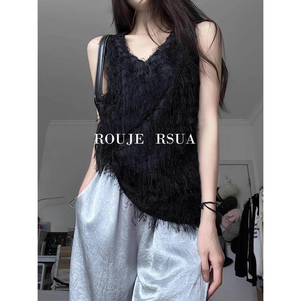 ROUJE RSUA法式小众辣妹无袖高级感上衣别致黑色羽毛流苏v领背心