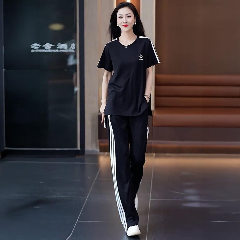 冰丝休闲运动套装女2025夏季新款时尚宽松大码短袖阔腿裤两件套潮