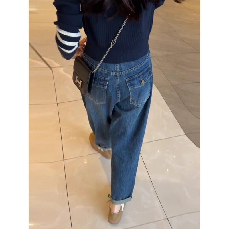 蓝色覆古牛仔裤女2025秋季新款大码显瘦窄版卷边九分裤哈伦烟管裤