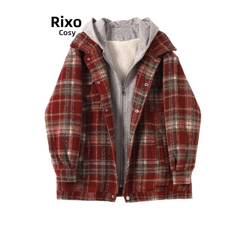 RIXO COSY覆古格纹百搭毛呢外套冬季加厚宽松休闲设计感连帽上衣