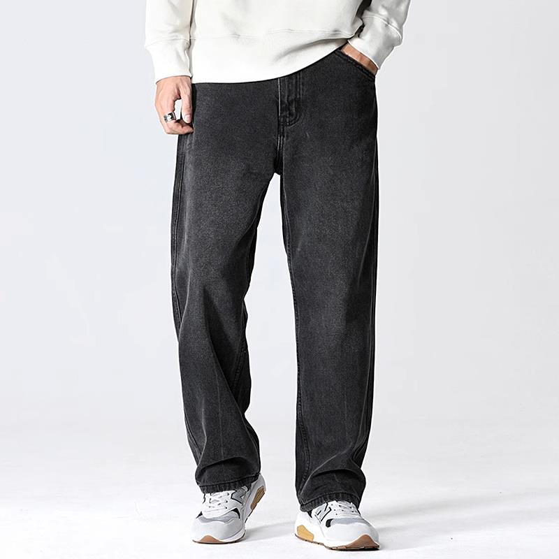 香港潮牌黑色牛仔裤男秋季新款休闲阔腿裤美式高街复古宽松直筒裤
