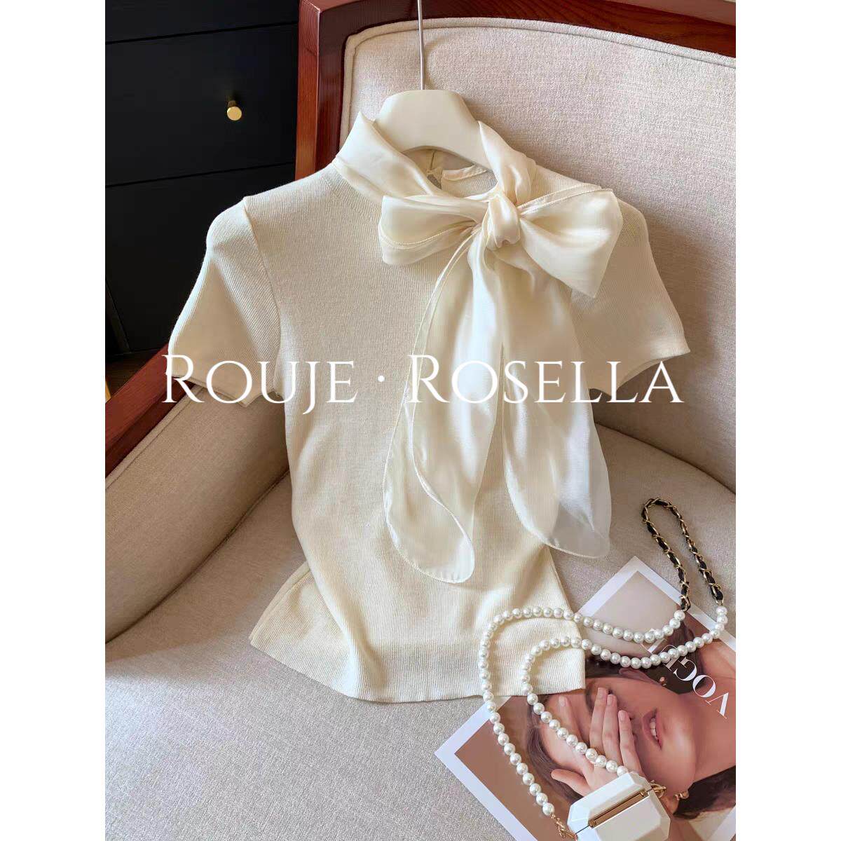 法国Rouje Rosella别致减龄⭐蝴蝶结飘带短袖T恤女夏针织衫上衣