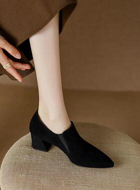 A.D Hepburn~尖头深口单鞋磨砂皮工作鞋粗跟高跟乐福鞋女踝靴黑色