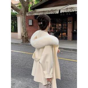 英国DHWA小个子双面毛呢外套女狐狸毛重磅大毛领羊绒大衣