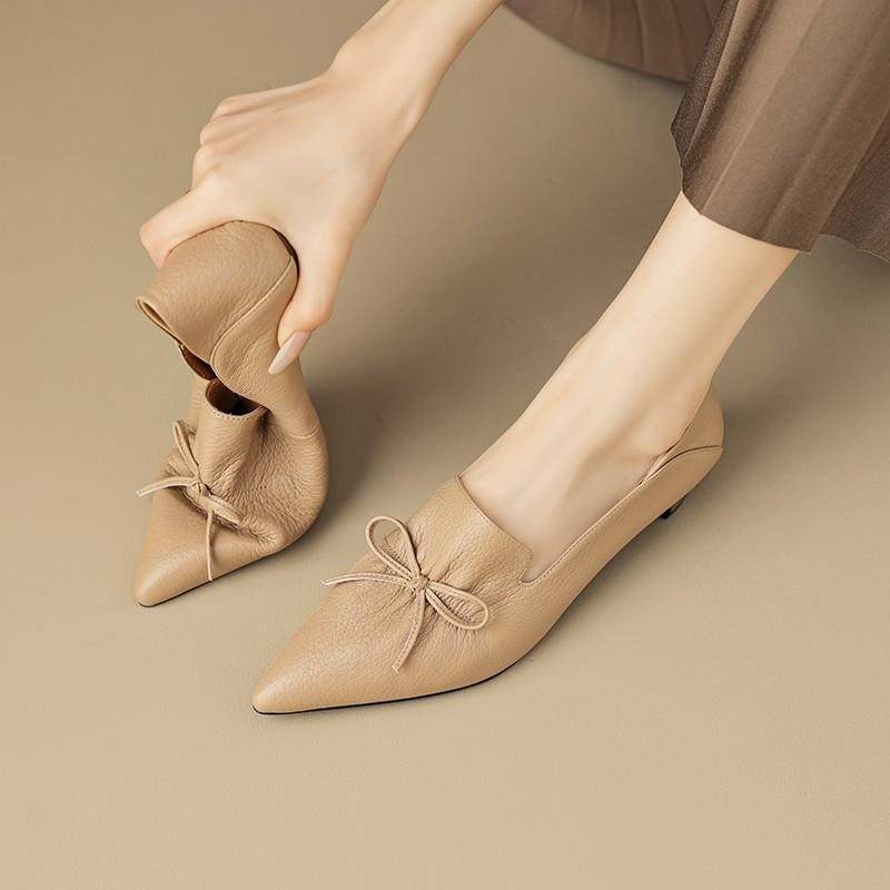 意大利Raraente覆古蝴蝶结羊皮尖头深口单鞋女粗跟软皮一脚蹬,女鞋,深口单鞋,淘宝优惠券,粉丝福利购,淘宝优惠卷