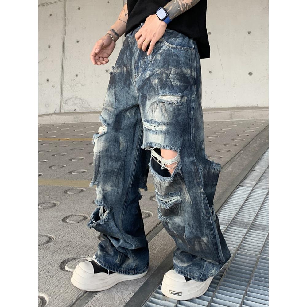 香港潮牌牛仔裤男秋季美式街头重工痞帅喷墨破洞阔腿拖地直筒裤子