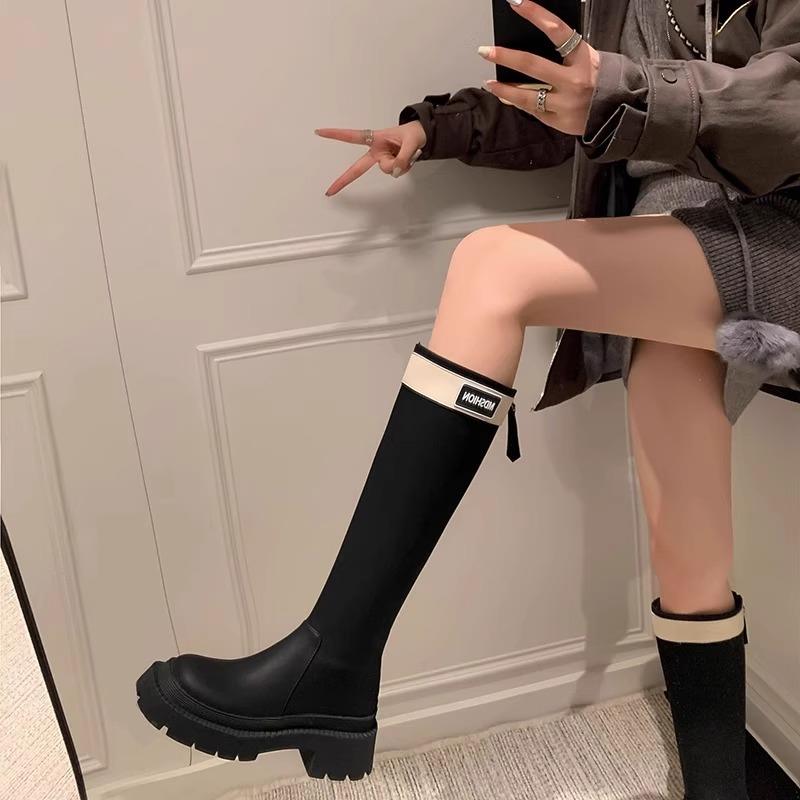 香港真皮高筒骑士靴女2025新款秋冬季英伦风长筒靴不过膝厚底靴子