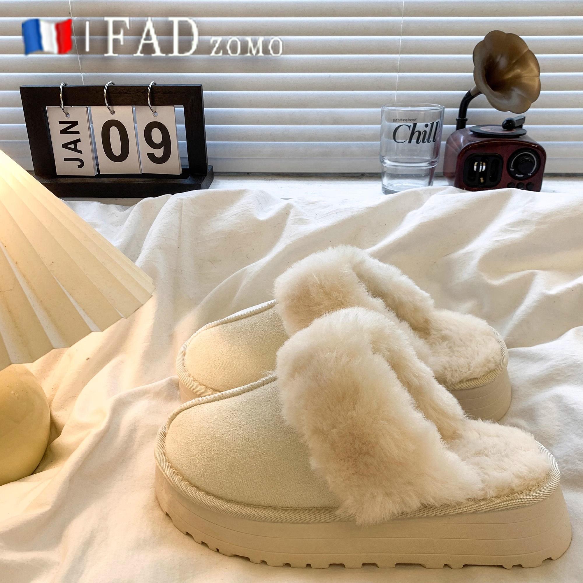 法国Fad Zomo皮毛一体厚底棉拖鞋女秋冬加绒雪地靴外穿包头拖棉鞋