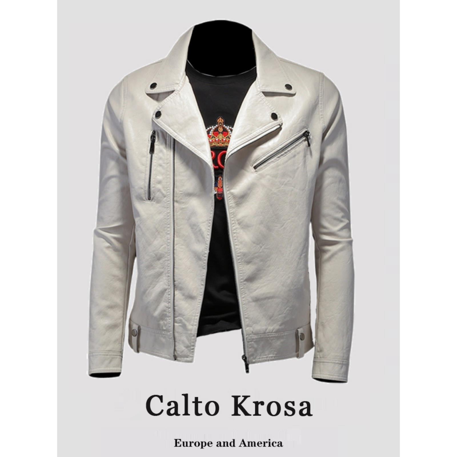 CaltoKrosa~欧美休闲软皮翻领机车皮衣男潮流加绒斜拉炼西装外套