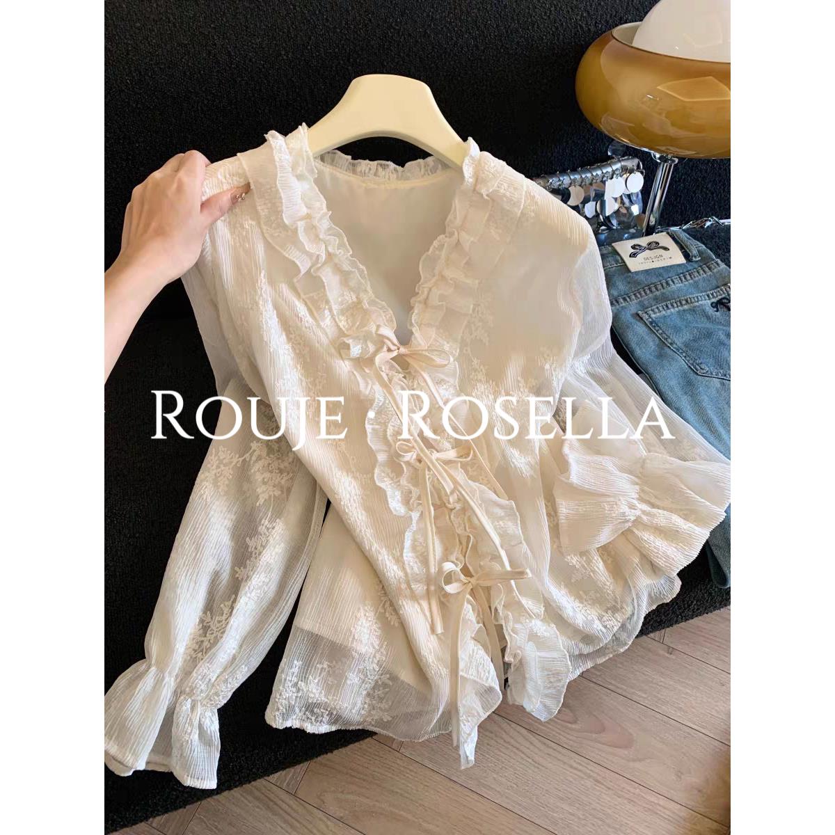法国Rouje Rosella甜美仙女风花边系带衬衫女春季蕾丝长袖上衣