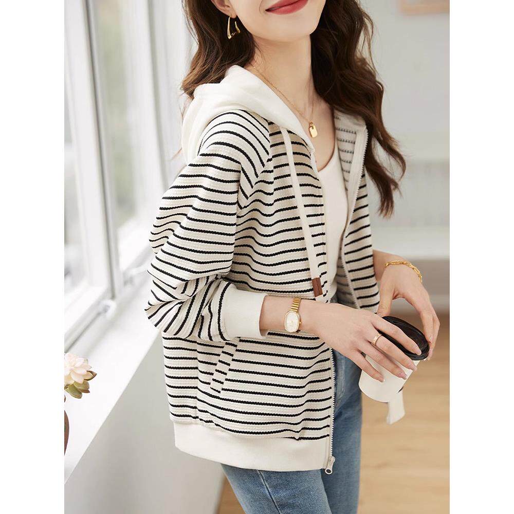 带帽运动衫女式2025春秋季新韩式宽松懒散休闲条纹拉炼开衫上衣